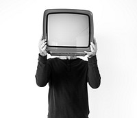 Closeup of man holding a TV