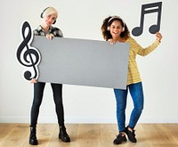 Young women enjoying music icons