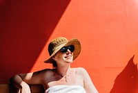 Caucasian woman sunbathing in summertime