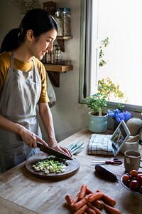Japanese woman cooking in a countryside kitchen