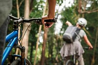 Group of diverse cyclist in the forest