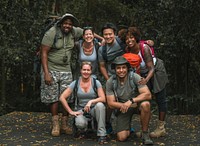 Group of happy diverse campers