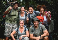 Group of happy diverse campers