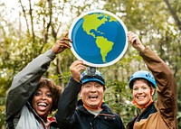 Group of environmentalists with globe icon