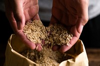 Rice slipping from hands into a paper bag