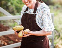 Happy woman collecting potatoes at a farm
