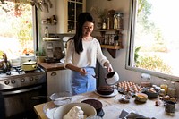 Japanese woman making a chocolate cake
