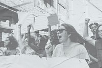 Psd people cheering and shouting at protest grayscale pop remix background