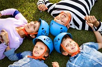 Family wearing protective blue helmets