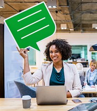 Happy businesswoman with speech bubble