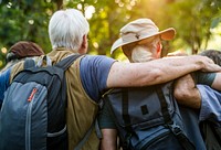 Group of senior adults trekking in the forest
