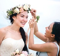 Cheerful bride at the beach