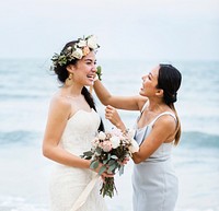 Cheerful bride at the beach