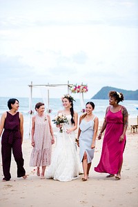 Happy bride and guests at her wedding