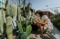 Woman taking photos of cacti at a botanical garden