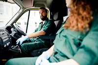 Paramedic man driving an ambulance