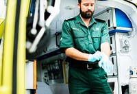 Paramedics at work with an ambulance
