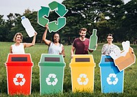 Diverse people with colorful recycle bins