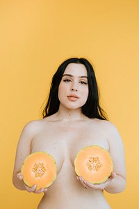 Beautiful woman with fruit boobs