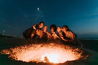 Friends roasting marshmallows over a bonfire