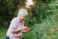 Senior woman using her phone while gardening