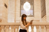 Woman using a digital tablet in Grand Central Terminal