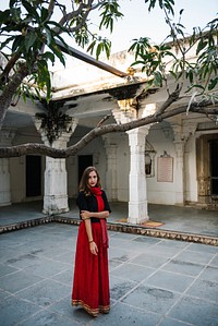 Western woman exploring a hindu temple, Maji ka Mandir