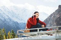 Woman on the phone in the Himalaya mountains