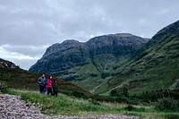 Group of friends trekking in Glen Etive, Scotland