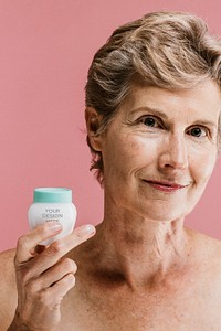 Elderly woman with a cream container mockup