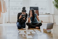 Creative designer planning a project in a brown marble floor