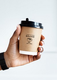 Black woman holding a paper coffee cup mockup