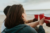 Happy friends toasting at the beach