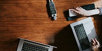 Portable sound recorder on a wooden table