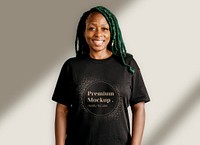 Black lesbian wearing a premium t-shirt  mockup