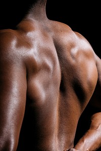 Rear view of a flexed back muscular