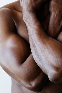 Closeup of a topless muscular man social template
