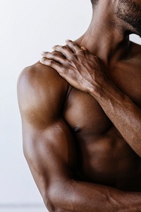 Closeup of a topless muscular man social template