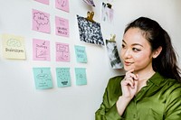 Businesswoman brainstorming ideas on a wall