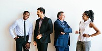 Diverse business people talking during break time social banner