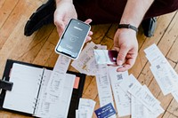 Man paying bills online via internet banking mockup