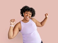 Cheerful woman dancing isolated on background mockup