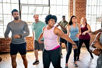 Diverse people in an active dance class