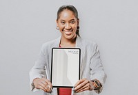 Happy businesswoman with a digital tablet