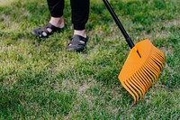 Closeup of woman raking her backyard