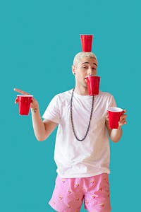 Cheerful young man with red cups mockup