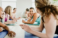 Group of cheerful women in yoga class