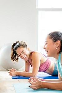 Group of cheerful women in yoga class