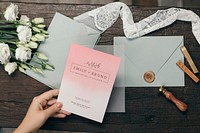 Woman with a wedding invitation card mockup