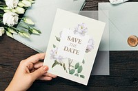 Woman with a wedding invitation card mockup